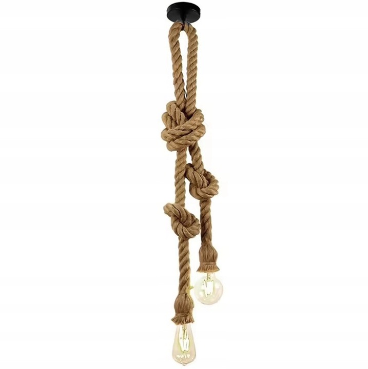 Lampa de perete Aptel, stil loft, doua brate cu snur de iuta, negru mat si maro, 200cm