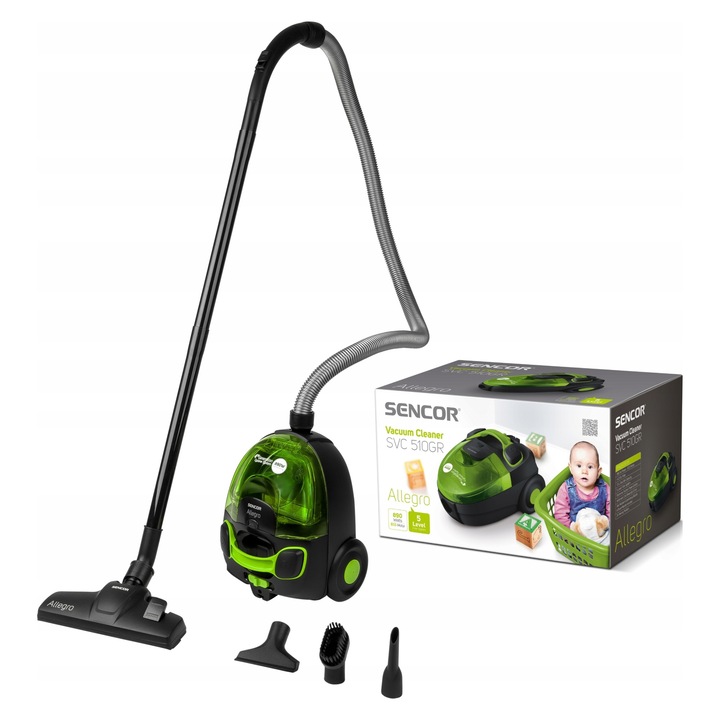 Прахосмукачка Sencor SVC 510GR-EUE2 без торба, с HEPA H10 филтър, 890 W еко мотор, 4-то поколение циклон, зелена, 1,5 л
