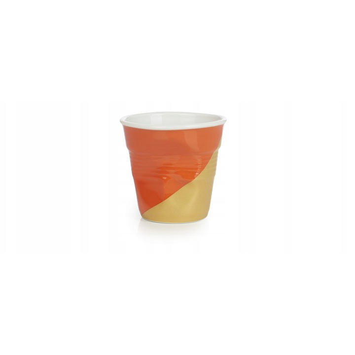 Cana/cescuta Revol FROISSES Twist Orange Up, din portelan, cu design ondulat, rezistenta la masina de spalat, cuptor si microunde, portocaliu/auriu, 80 ml