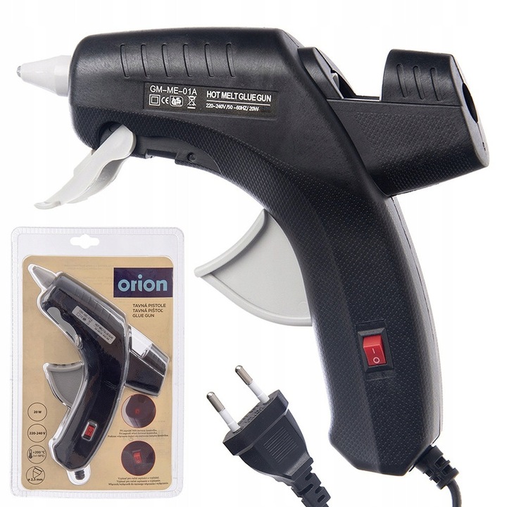 Orion 833185 forró ragasztópisztoly, 20 W, 220-240 V, 2-3 perc felfűtés, max. 200°C, fekete, 1 db