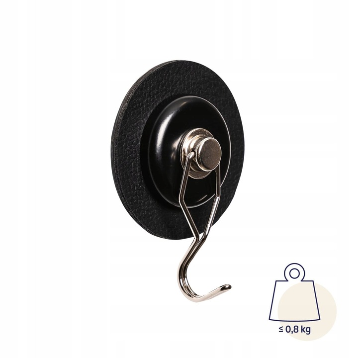 Carlig magnetic Silwy, agatator magnetic cu pad metalic nano-adeziv din piele, fara montaj permanent, capacitate 0,8 kg, negru/argintiu, 1 set (1 carlig + 1 pad 7,5 cm)