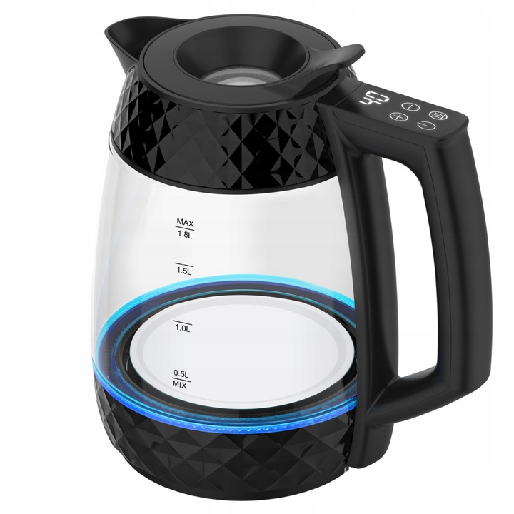 Emavo CrystalX elektromos vízforraló hőmérséklet-szabályozással 40-100°C, LED világítással, 2200W, átlátszó/fekete, 1.8L