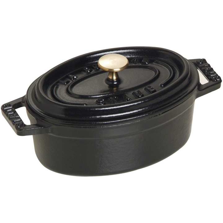 Mini Cocotte Staub, öntöttvas ovális edény, fekete, 250ml