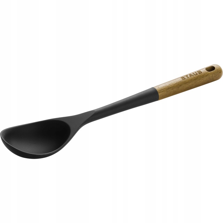Staub tálalókanál, akácfa, fekete szilikon, 6x30cm, hőálló 220°C-ig