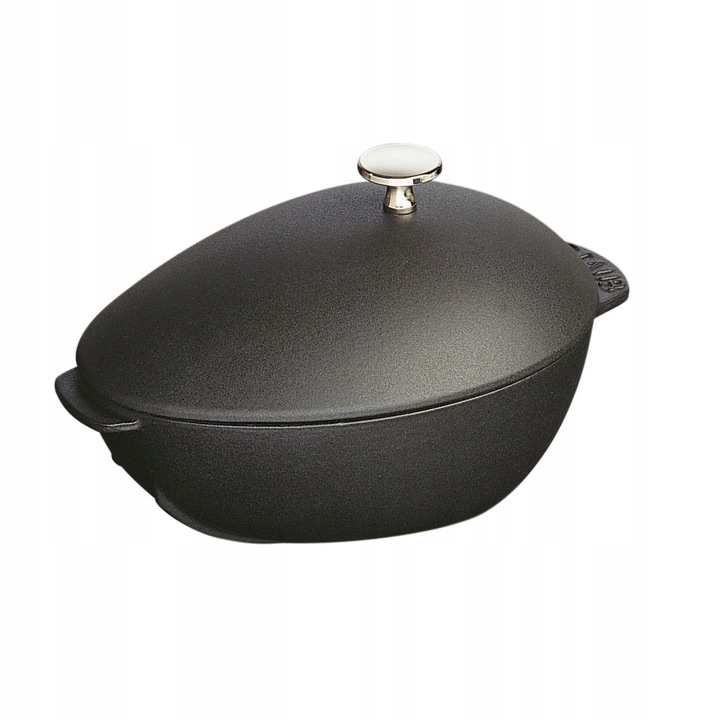 Staub Special Cocotte öntöttvas edény, kagyló alakú, rozsdamentes acél szűrővel, fekete, 2 L