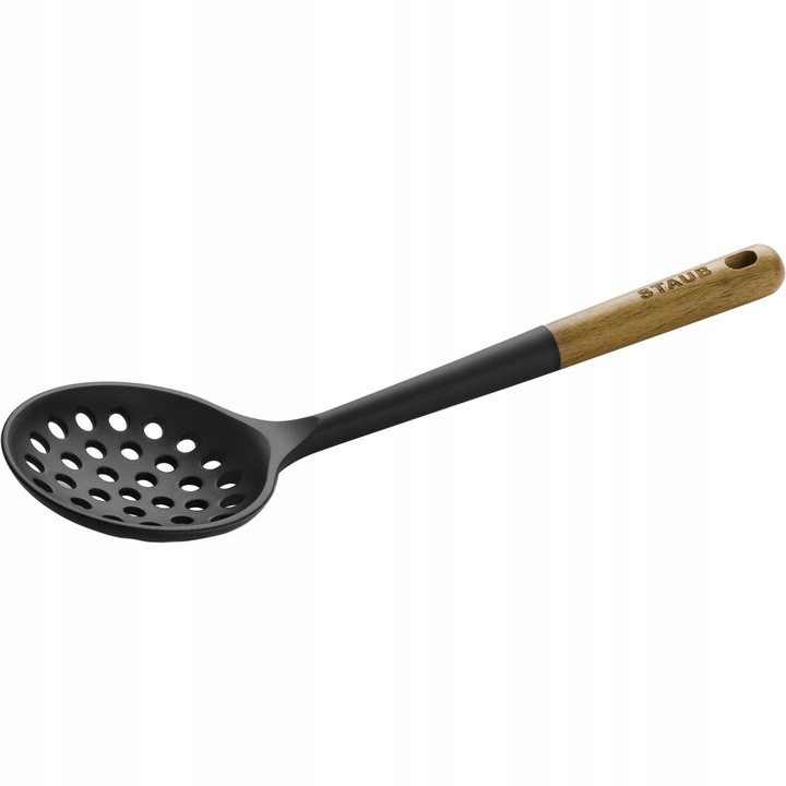 Staub Acacia szűrőkanál, szilikon lyukas kanál, akácfa nyél, 220°C-ig hőálló, fekete, 31 cm