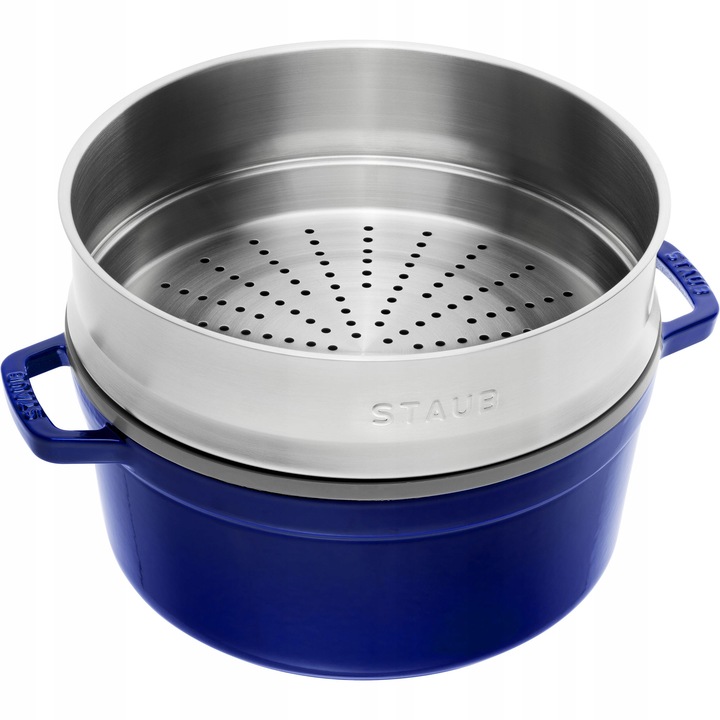 Oala/cratita din fonta Staub La Cocotte, cu insertie pentru gatit, interior antiaderent, compatibila cu inductie, albastru, 5.2 l