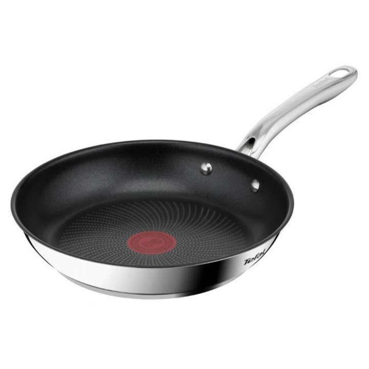 Patelnia Tefal Infinite H8150625, strat neaderent Titanium, din otel inoxidabil, compatibila cu plite inductive, pe gaz, electrice si ceramice, Inox/Negru, 28 cm