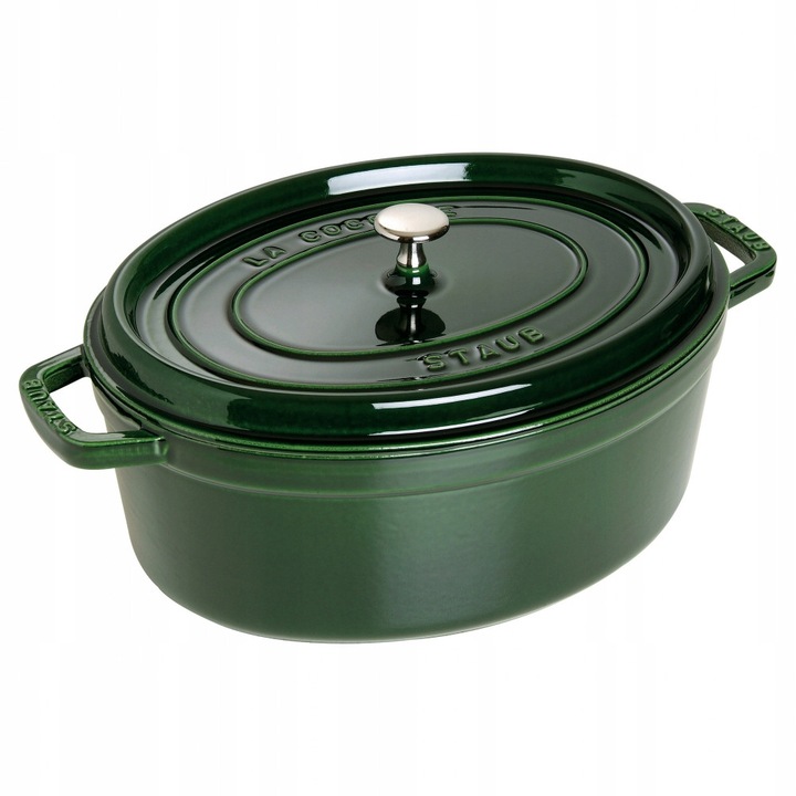 Oala ovala / cratita Staub La Cocotte, din fonta emailata, antiaderenta, compatibila cu inductie, gaz, electrica si ceramica, verde, 3,2 l