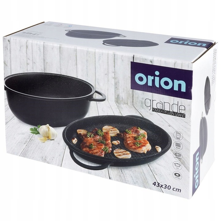 Orion öntöttvas ovális sütőedény és grill serpenyő szett, 10L, fekete, 43x28x14cm