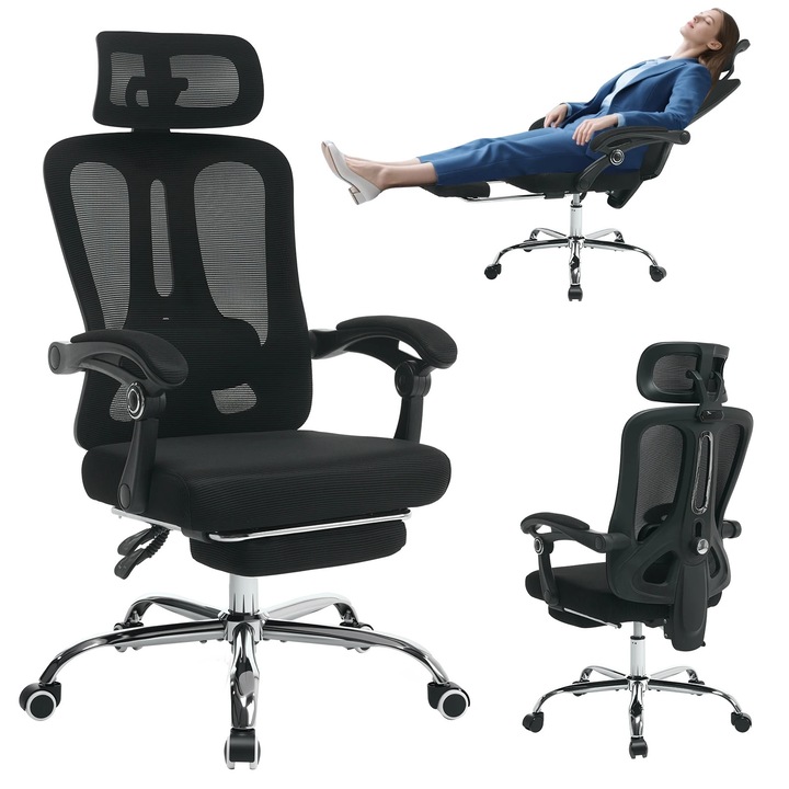 Ергономичен геймърски и офис стол, Въртящ се стол, Висока облегалка от мрежа, Регулируема височина, Въртене на 360°, Подлакътници, Колелца, Електроплакиран черен