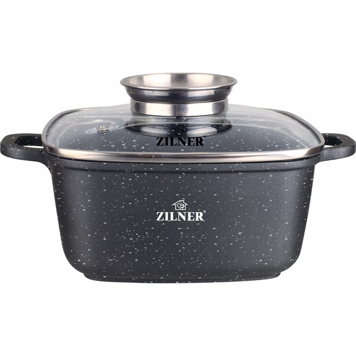 Zilner ZL-7061 négyzet alakú edény/lábas, öntött alumíniumból, márvány bevonatú tapadásmentes felülettel, aroma adagoló gombbal, indukciós és sütőkompatibilis, hőálló üvegfedővel, márvány szürke, 2.8L