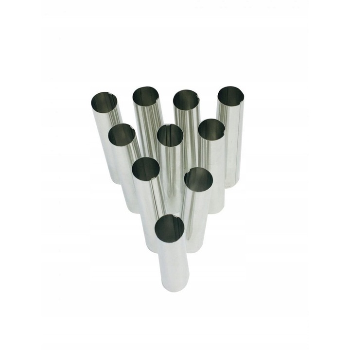 Set 10 bucati, forme pentru cornete cu crema Orion, metal cromat, reutilizabile, lungime 10 cm, diametru 2,3 cm, argintiu