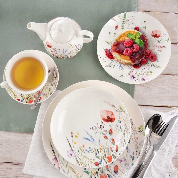 Vilde mélytányér, leveses tál, porcelán, pipacs virág mintával, többszínű, 600 ml
