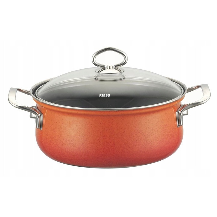 Oala Riess Corall, email ceramic, din otel, compatibila cu inductie, rezistenta la zgarieturi, coral, 1,0 l, 16 cm