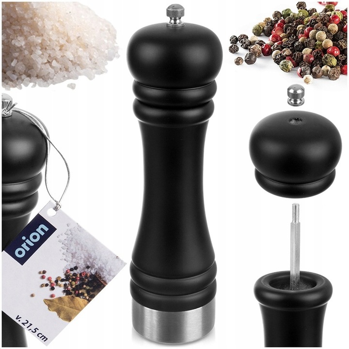 Rasnita/macinator pentru piper si sare Orion 130237, din lemn de cauciuc, mecanism ceramic reglabil, baza din otel inoxidabil, negru, 21,5 cm, 1 buc.