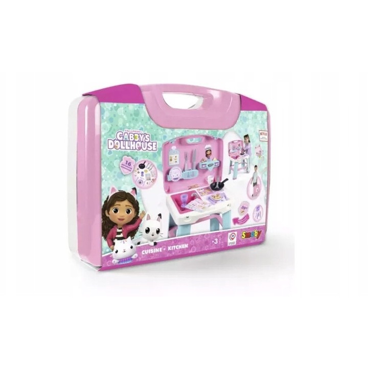 Bucatarie de jucarie portabila Smoby Casa pentru papusi Gabby, set de joaca, in valiza, cu accesorii, din plastic, roz/mov, 1 buc