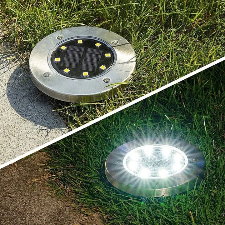 Set 12 bucati, lampi solare de gradina Vilde, din otel inoxidabil, cu LED si panou solar, argintiu