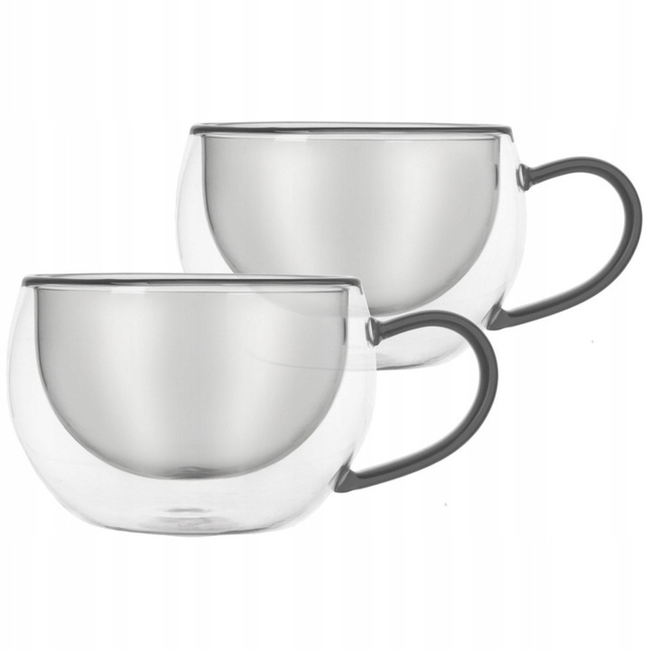 2 darabos készlet, Vilde termopoharak/bögrék, dupla falú, ergonomikus fogantyúval, átlátszó/szürke, 2 x 300 ml