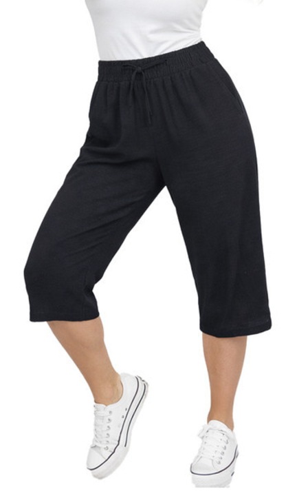 Pantaloni dama Capri Culotte 3/4, talie inalta cu elastic si snur, crac larg, buzunare, bumbac, negru, casual de vara - Agrafka S/M