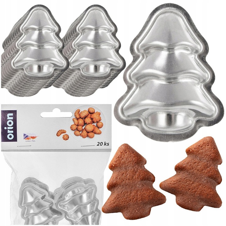Set 20 bucati, forme pentru fursecuri si taietori de biscuiti Orion, din otel, in forma de brad, argintiu