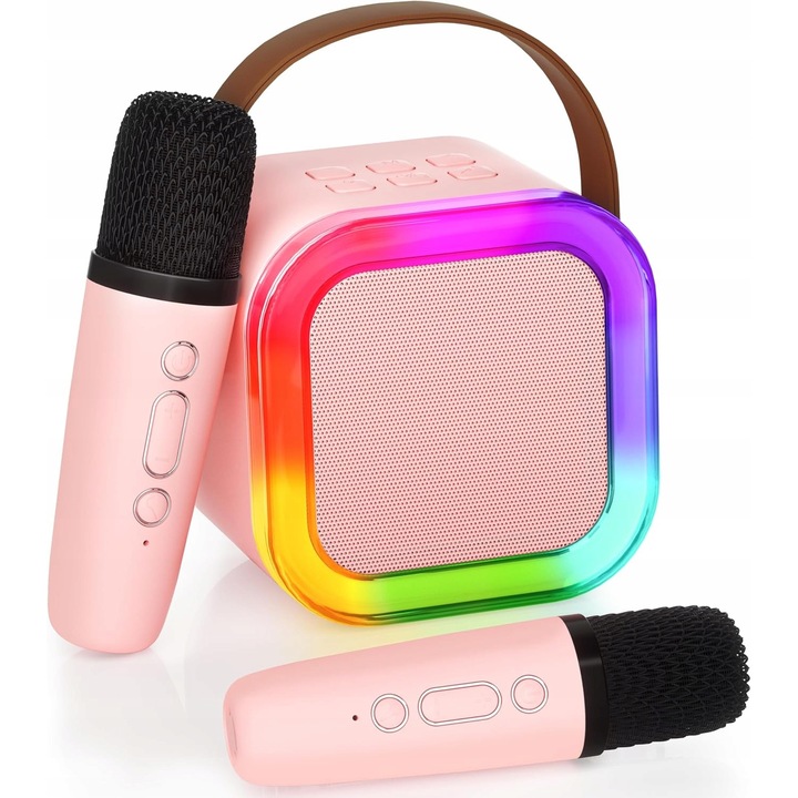 DDOO karaoke szett, 2 vezeték nélküli mikrofon, hordozható Bluetooth hangszóró LED fényekkel gyerekeknek, rózsaszín, 1 szett