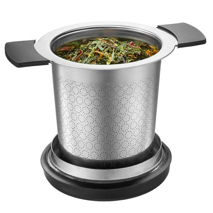 Gefu SAVORO teafőző/szűrő, rozsdamentes acél, fedéllel és tartóval, laza teához alkalmas, inox/fekete, 1 db