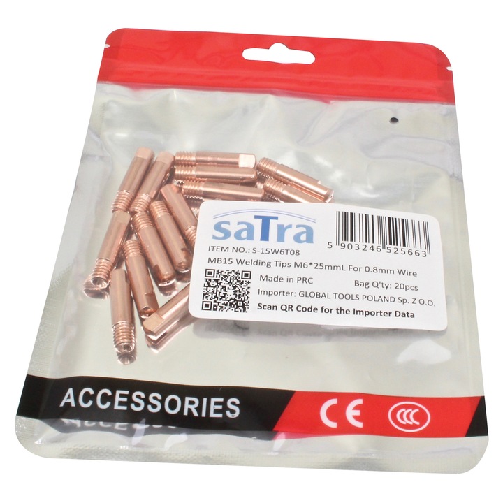 Kontaktfúvóka készlet, Satra, mig/mag, hegesztőpisztolyhoz, m6, 0.8 mm huzalhoz, 25 mm hosszú, 20 db