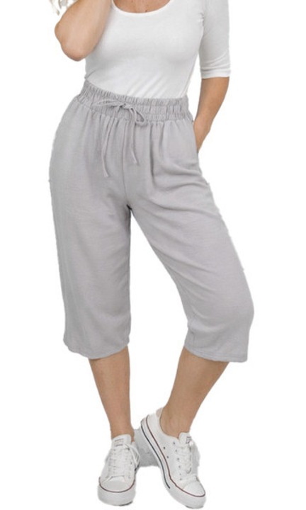 Pantaloni dama Capri Culotte 3/4, talie inalta cu elastic si snur, crac larg, buzunare, bumbac, gri, casual de vara - Agrafka, Gri