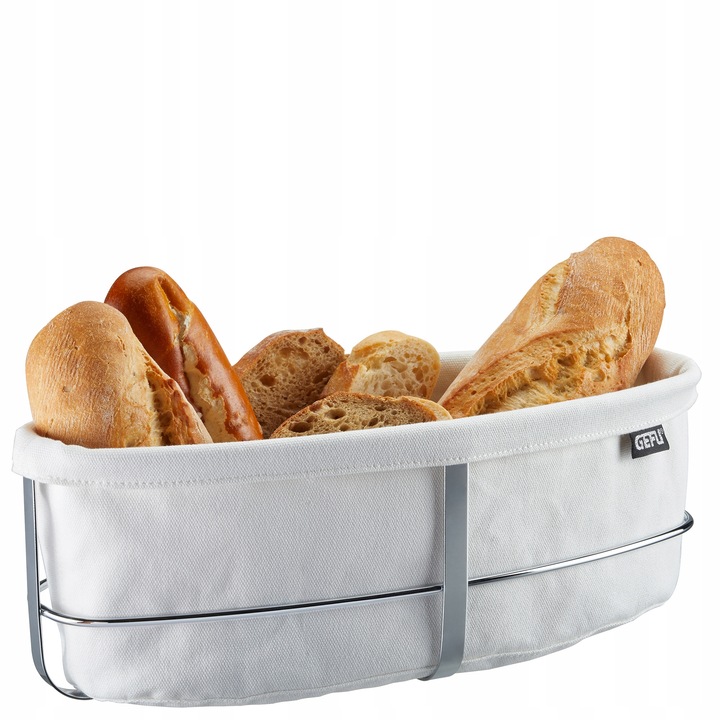 Cos pentru paine Gefu Brunch, insertie din bumbac lavabil, cadru din otel inoxidabil lavabil in masina de spalat vase, Alb, 33,5 x 15 x 11,5 cm, 1 buc