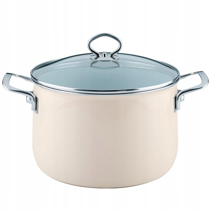 Oala inalta cu capac Riess Avorio, din email ceramic, compatibila cu inductie, rezistenta la zgarieturi, bej, 6,5 l, 24 cm