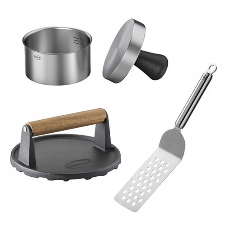 Set pentru burgeri Rosle, presa pentru formare din otel inoxidabil 18/10, presa greutate din fonta emailata cu maner din lemn, spatula perforata din otel inoxidabil, Gri, 3 piese