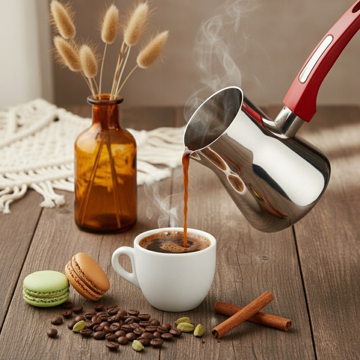 Ibric Vilde pentru cafea turceasca (cezve), din otel inoxidabil, cu cioc pentru turnare, maner termorezistent, argintiu, 1 buc