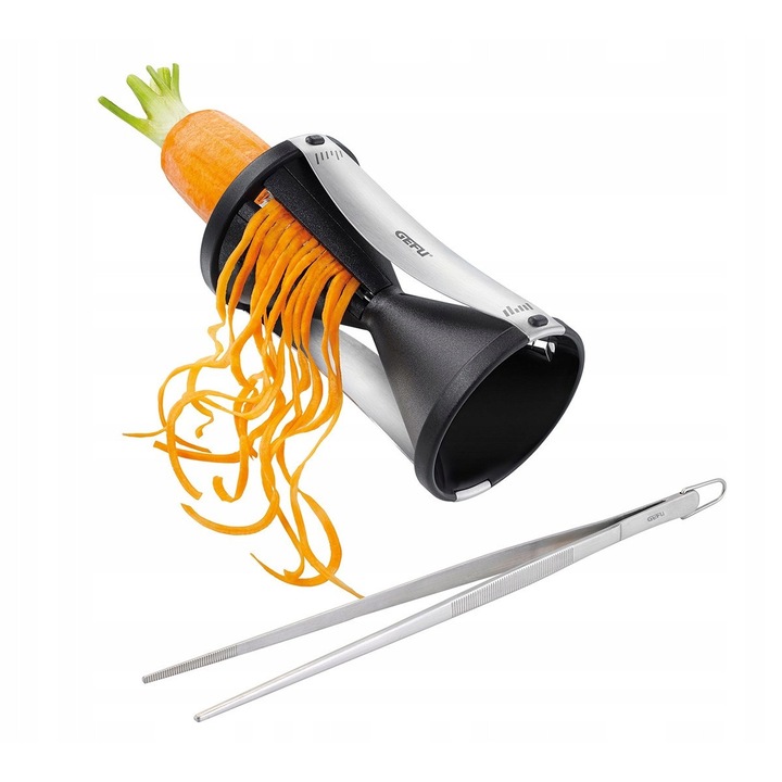 Set spiralizator legume Gefu Spirelli 13460 si penseta SOCO 11900, lame japoneze 2 x 3 mm si 3,5 x 5 mm, inox si plastic, Negru/Argintiu, 1 set