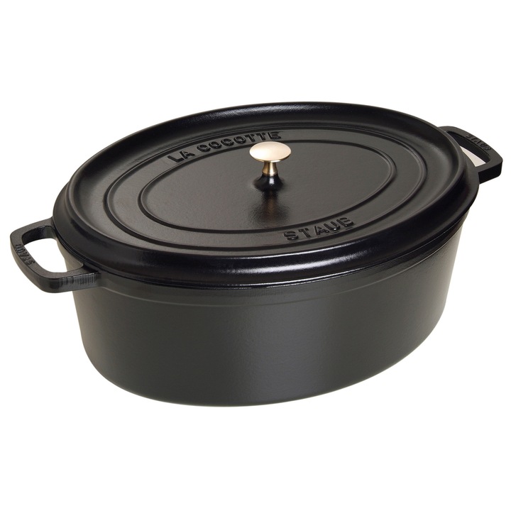 Staub La Cocotte öntöttvas ovális edény, főzőedény, tapadásmentes belsővel és nedvességmegtartó fedéllel, zománcozott, indukciós főzőlapon is használható, fekete, 12 l
