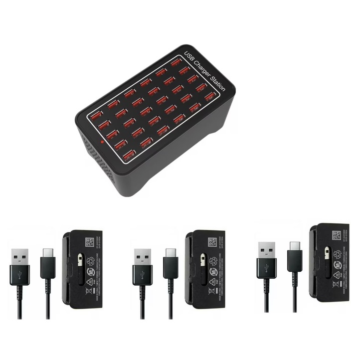 Kit Statie de incarcare 150W Smart cu 30 porturi USB 5V 30A si ventilator, QUANDES® cu 3 cablu date USB-C/A pentru telefoanele android Samsung, oppo, huawei, redmi, huawei