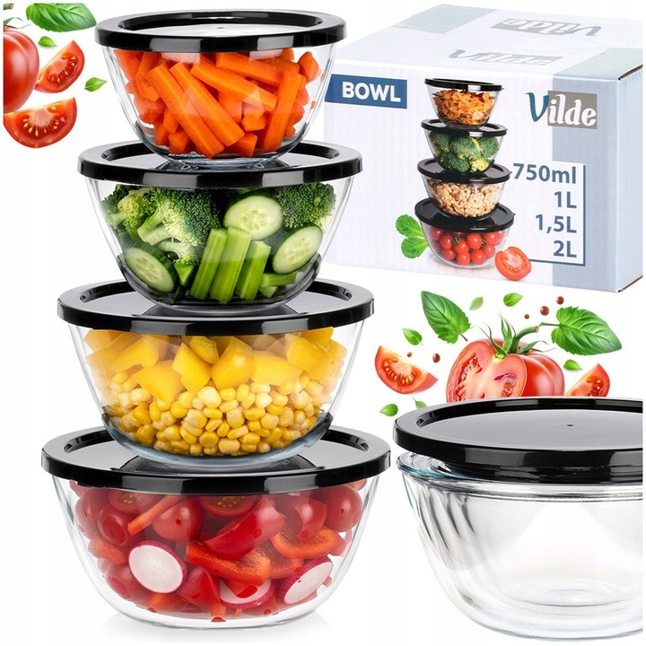 Set 4 bucati boluri din sticla Vilde, cu capace, stivabile, compatibile cu masina de spalat, transparent/negru, 750 ml/1 l/1,5 l/2 l