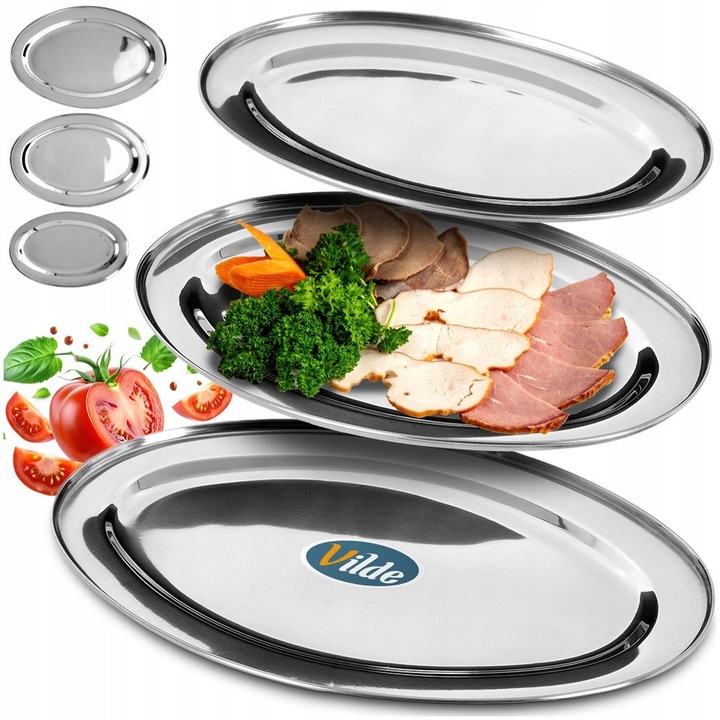 Set 3 tavi ovale Vilde, inox, argintiu, 34x21.5cm/32x20cm/29x18cm