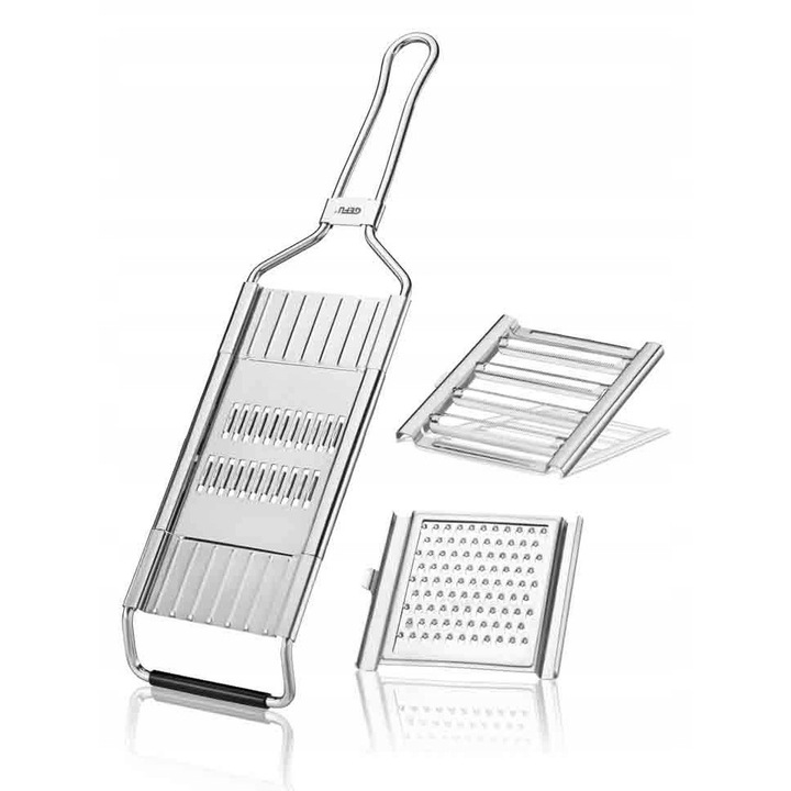 Ренде/мандолина Gefu Raspini G-89548, 3 в 1 (нарязване на 8 резена, жулиени, фино рендосване), сменяеми приставки, противоплъзгаща основа, ергономична дръжка, инокс, 1 бр