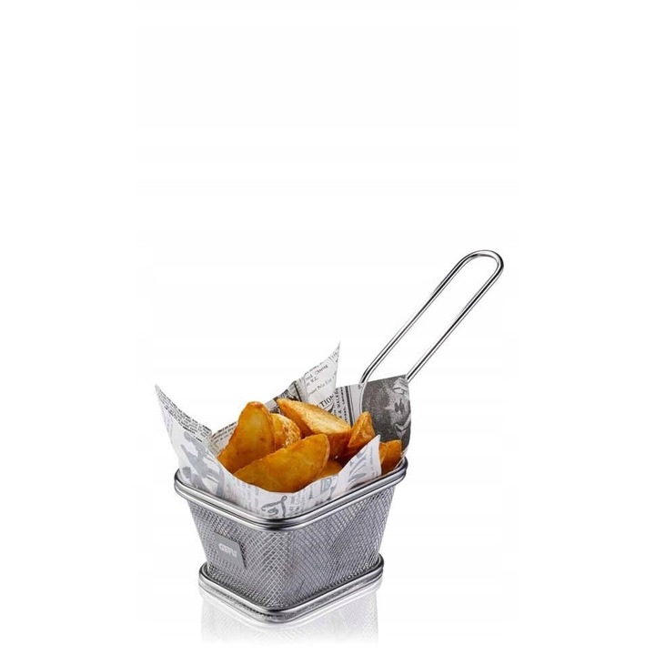 Cos pentru cartofi prajiti Gefu Mini Basket din otel inoxidabil, pentru servire, nu pentru friteuza sau gratar, compatibil cu masina de spalat vase, argintiu, 1 buc., 10,5x9x6 cm