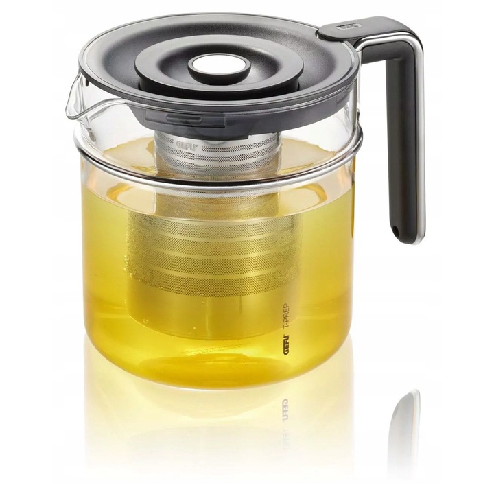 Gefu T-PREP teafőző/kanna, mikrofinom szűrővel, Brew-Stop funkció dugattyúval az infúzió leállításához, hőmérséklet- és aromamegtartó fedél, átlátszó/fekete, 1.5 l
