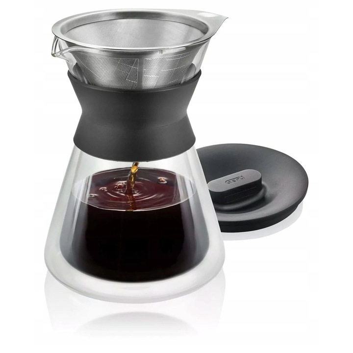 Infuzor pentru cafea / cafetiera pentru filtru Gefu Butio Thermo, cu pereti dubli din sticla borosilicata, filtru reutilizabil din otel inoxidabil, transparent/negru, 500 ml