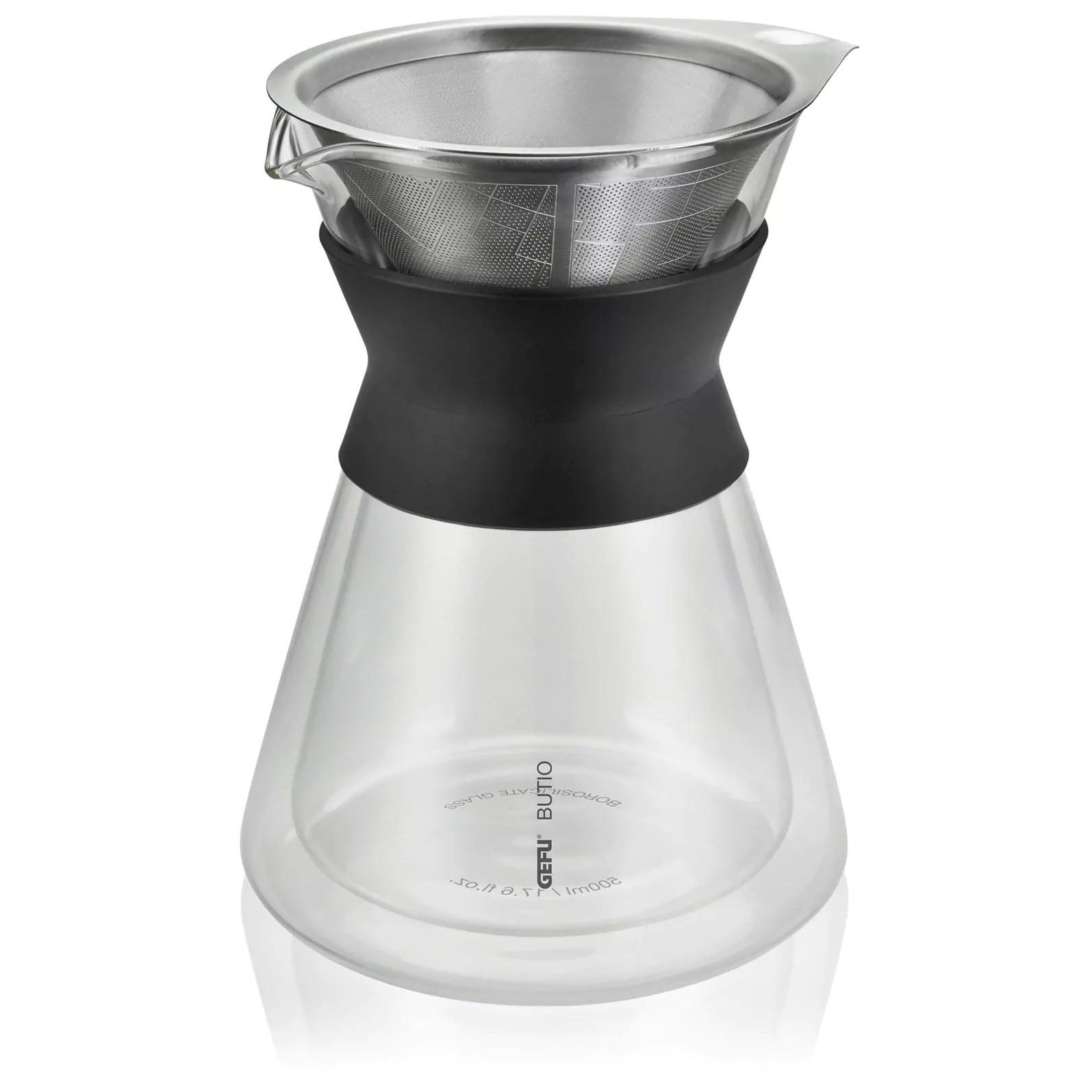 Infuzor pentru cafea / cafetiera pentru filtru Gefu Butio Thermo, cu pereti dubli din sticla borosilicata, filtru reutilizabil din otel inoxidabil, transparent/negru, 500 ml