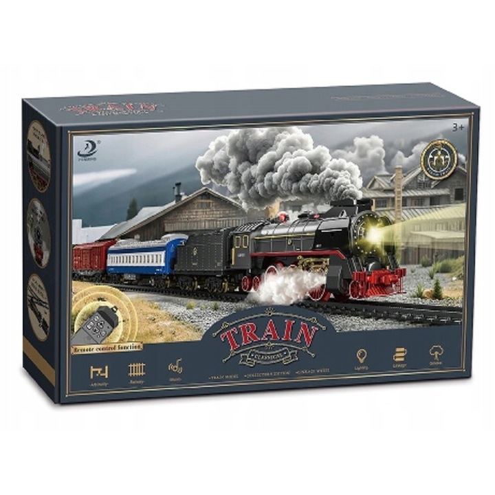 Set tren electric RC DK 9072B-3, cu locomotiva cu aburi si 6 vagoane, sunete realiste, emisie de abur si lumina frontala, include sine si telecomanda, Multicolor, 1 set