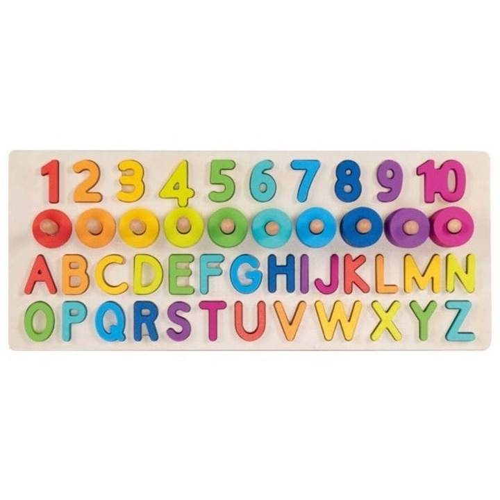 Goki Montessori oktató puzzle színes betűkkel és számokkal 43x18cm fa