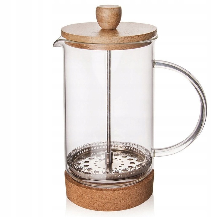 Vilde French Press kávéfőző, üveg kávéprés, bambusz fedél, parafa alap, átlátszó/natúr, 750 ml