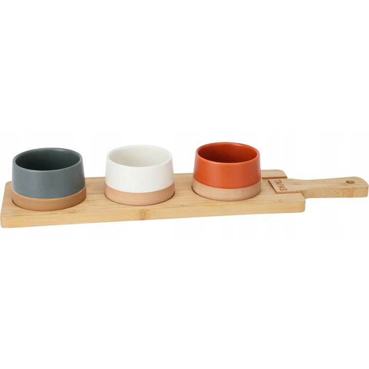 Set 3 boluri ceramice colorate cu tava bambus 48x12x1,5cm Excellent Houseware
