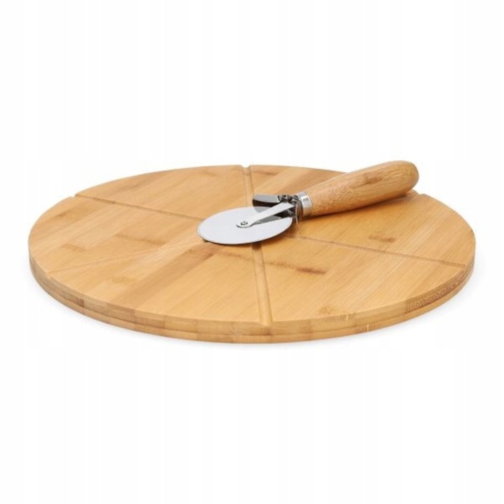 Ravi pizzasütő szett, bambusz vágódeszka, 32 cm, szeletelővezetőkkel és vágókerékkel, natúr, 2 darab