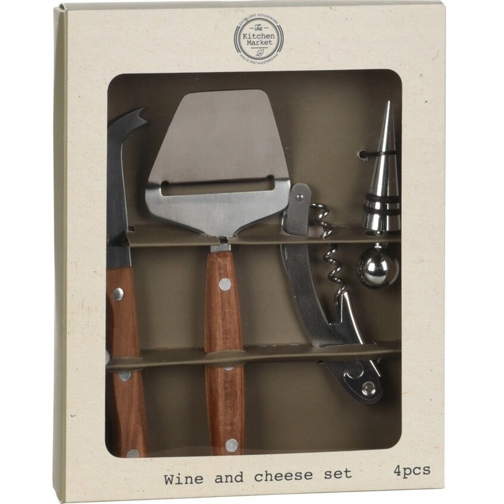 Комплект аксесоари за вино и сирене Excellent Houseware 4 части дърво инокс 23,2x18,4x3,5см