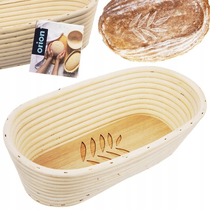 Cos pentru dospit paine (banneton) Orion, din ratan natural, cu motiv frunza, bej, pentru 1,5 kg, 32 x 15 x 9 cm, 1 buc